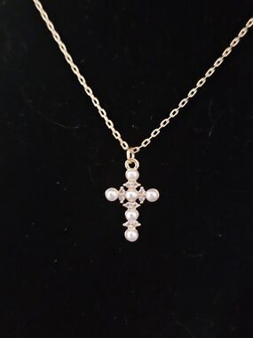 Genuine Freshwater Pearl And CZ Cross Necklace: Gold Vermeil Statement Pendant
